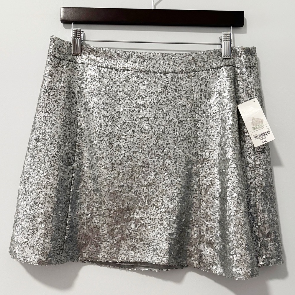 Decree Sparkling Silver Mini Skirt Womens Sz Large‎ Skater Sequins Fit Flare NWT